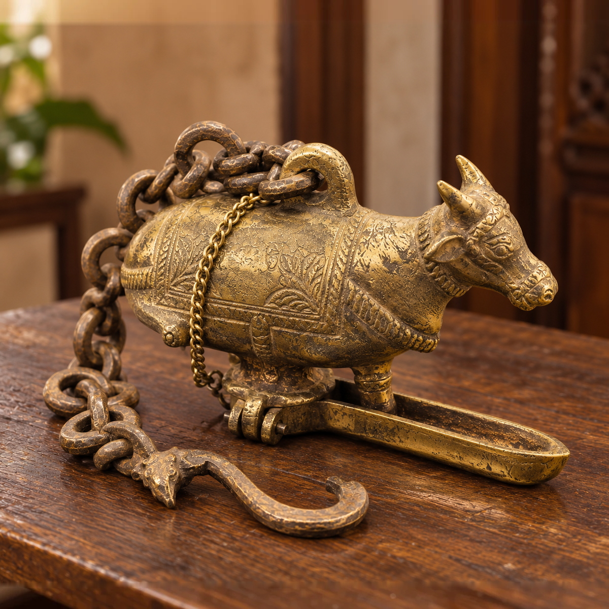 Antique Brass Cow Hanging Diya - Merchant Antiques
