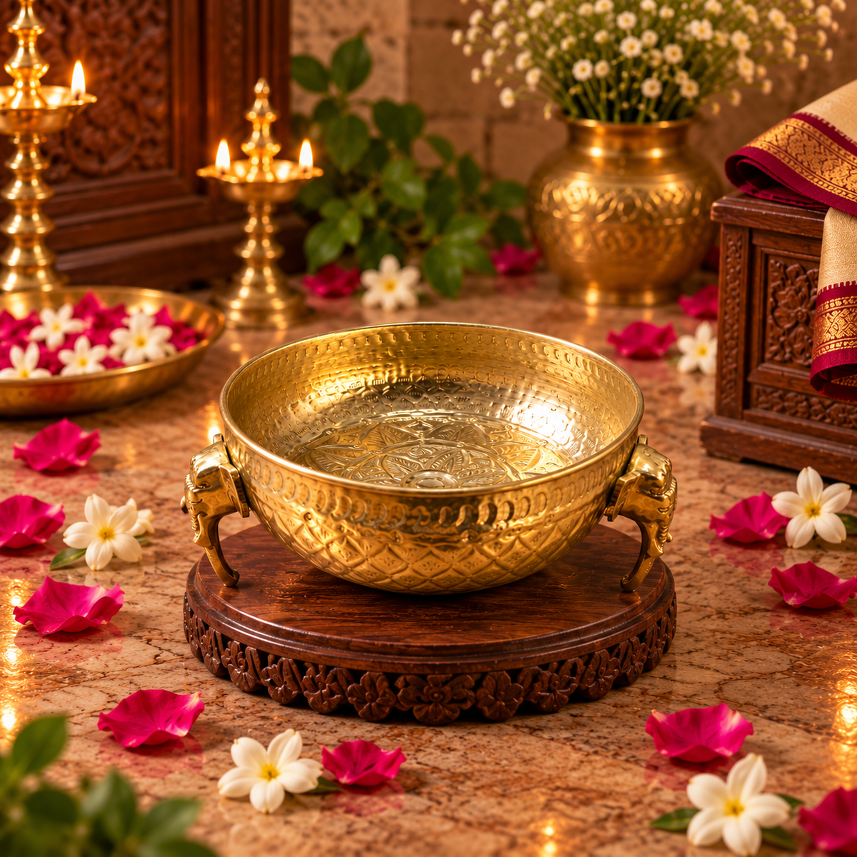Embossed Brass Urli Bowl, Pital Urli with Decorative Legs (Brand New), 4 Sizes