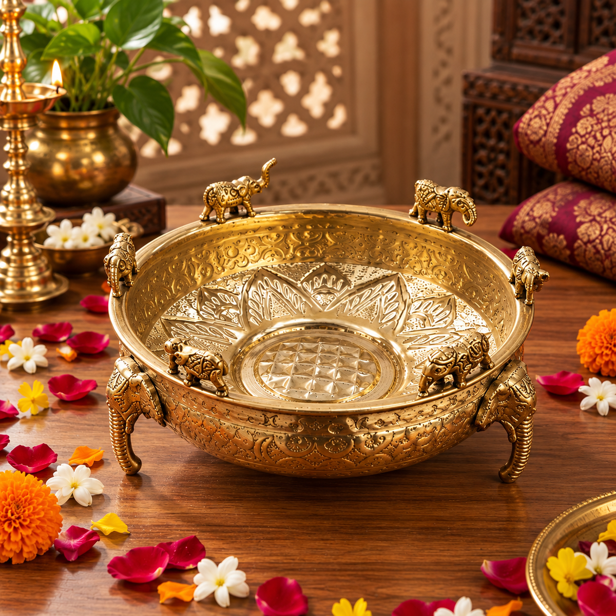 Elephant Design Brass Urli Bowl, Pital Urli with Elephant Legs (Brand New), 3 Sizes