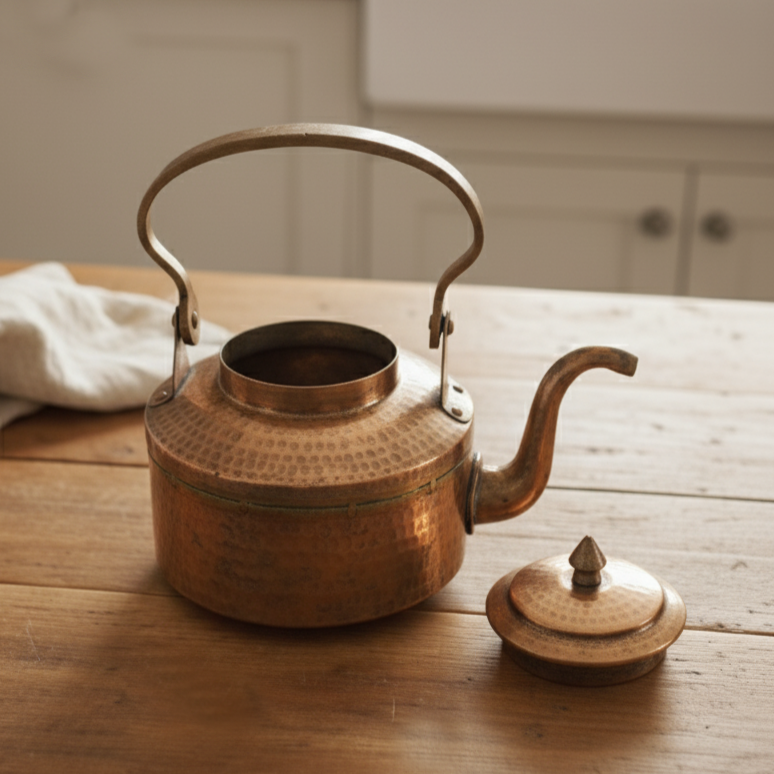 ORIGINAL ANTIQUE: AT/029 - Vintage Solid Hammered Copper Tea Kettle | KITCHENWARE | UTENSILS | HOME APPLIANCES