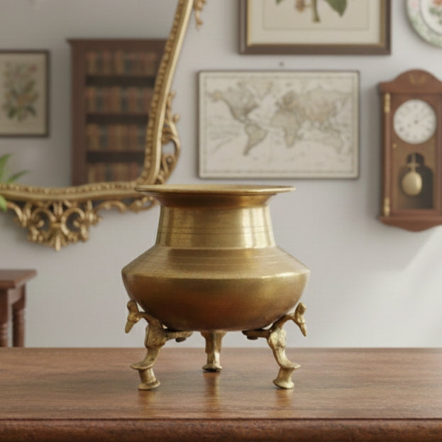 CP/001 - Set of 3 - Rare Vintage Unique Shape Pure Brass Lota 2 pc & 1 Parath on Peacock Legs | KITCHENWARE | UTENSILS | HOME APPLIANCES