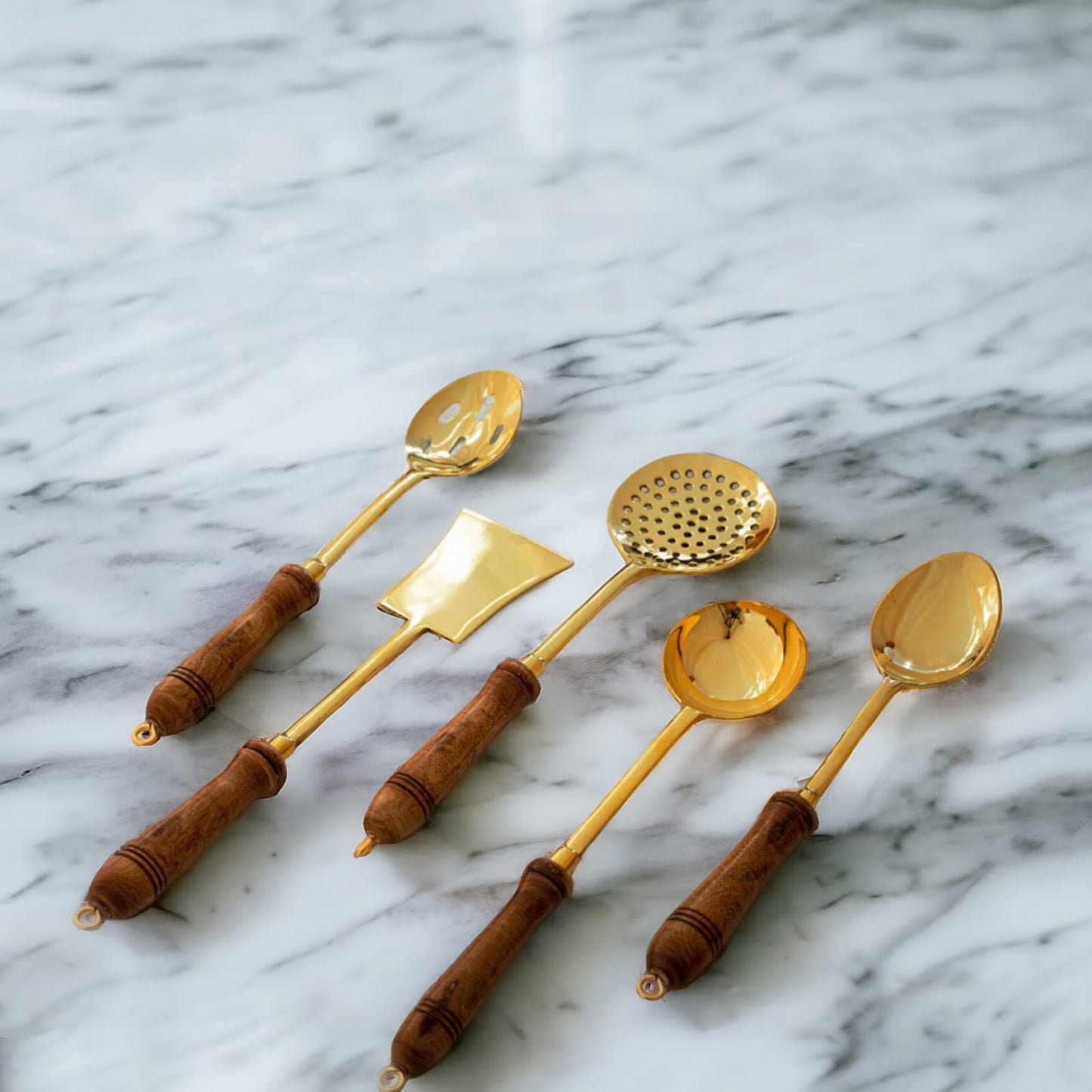 BRAND NEW: NW/015 - Set of 5 100% Pure Brass Serving Spoons Traditionally Known As "Ladles" With Wooden | KITCHENWARE | UTENSILS | HOME APPLIANCES