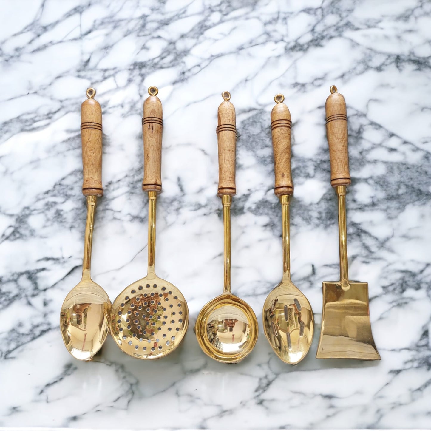 BRAND NEW: NW/015 - Set of 5 100% Pure Brass Serving Spoons Traditionally Known As "Ladles" With Wooden | KITCHENWARE | UTENSILS | HOME APPLIANCES