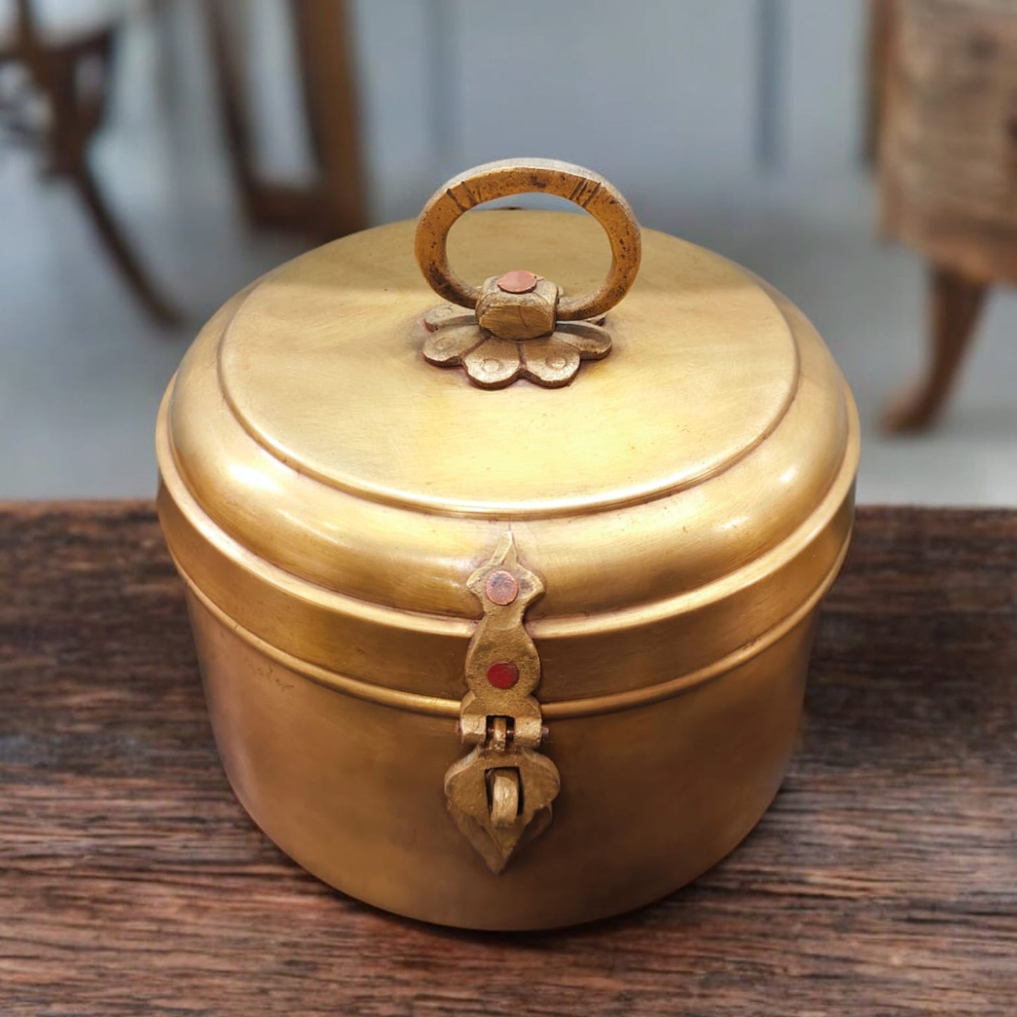 ORIGINAL ANTIQUE: AT/009 - Vintage Rare Pure Brass Original Round Shape Box With Handle & Locking System | KITCHENWARE | UTENSILS | HOME APPLIANCES
