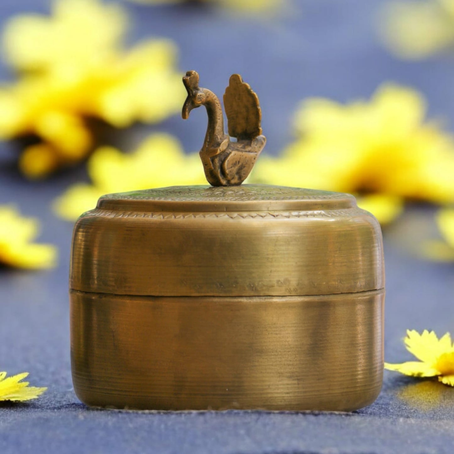ORIGINAL ANTIQUE: AT/031 - 100% Pure Brass Vintage Style Beautifully Engraved Matt Look Trinket Box with Bird on top | KITCHENWARE | UTENSILS | HOME APPLIANCES