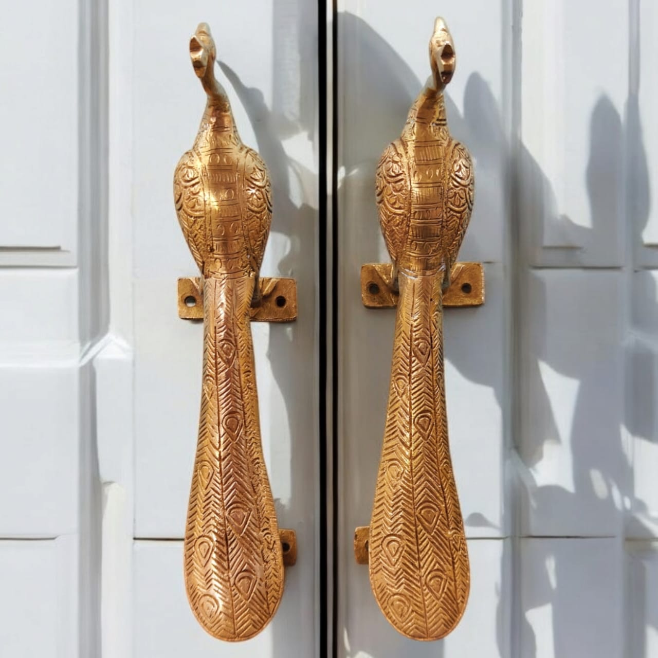 ORIGINAL ANTIQUE: AT/084 - Set of 2 - Rare Vintage Pure Brass Beautifully Engraved Peacock Shape Solid Door Handle | KITCHENWARE | UTENSILS | HOME APPLIANCES