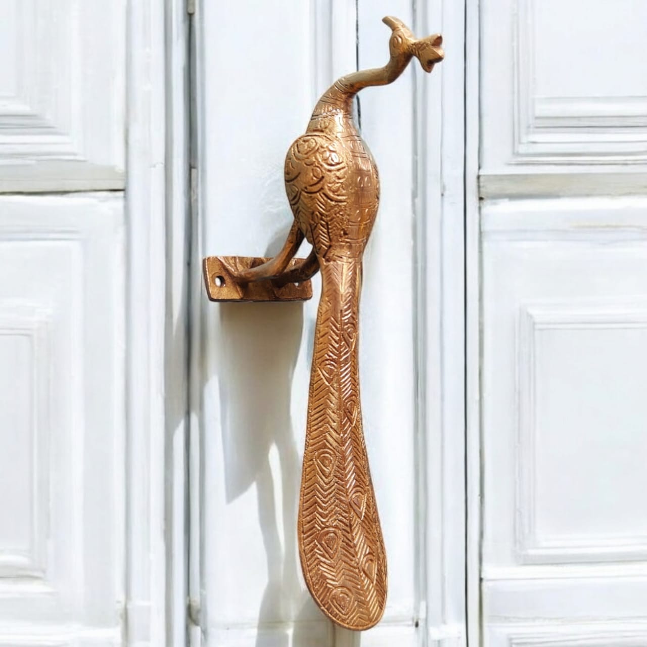 ORIGINAL ANTIQUE: AT/084 - Set of 2 - Rare Vintage Pure Brass Beautifully Engraved Peacock Shape Solid Door Handle | KITCHENWARE | UTENSILS | HOME APPLIANCES