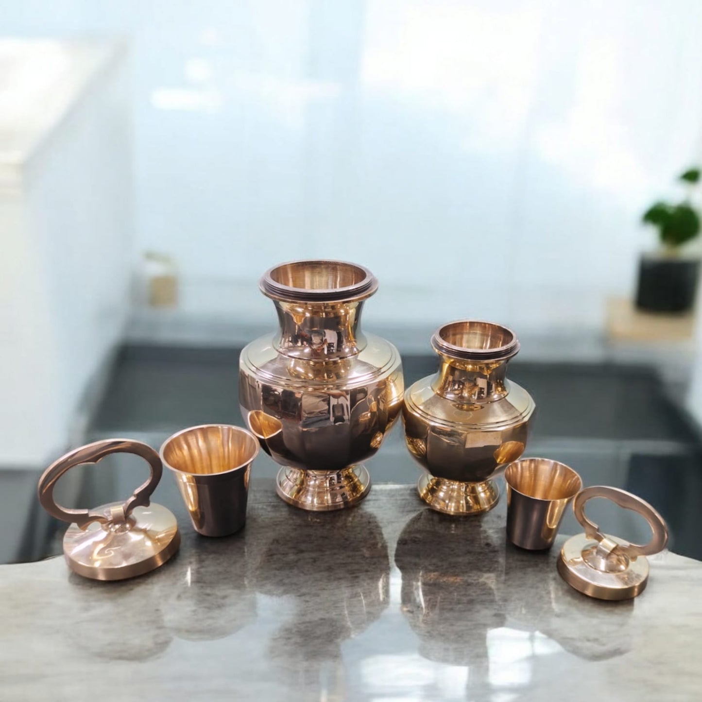 K/08 - Set of 2 - Rare Pure Brass Very Beautiful Diamond Shape Vintage Look Gangajal Lota with Glass inside in a Glossy finish traditionally known as "KAMANDAL" | KITCHENWARE | UTENSILS | HOME APPLIANCES