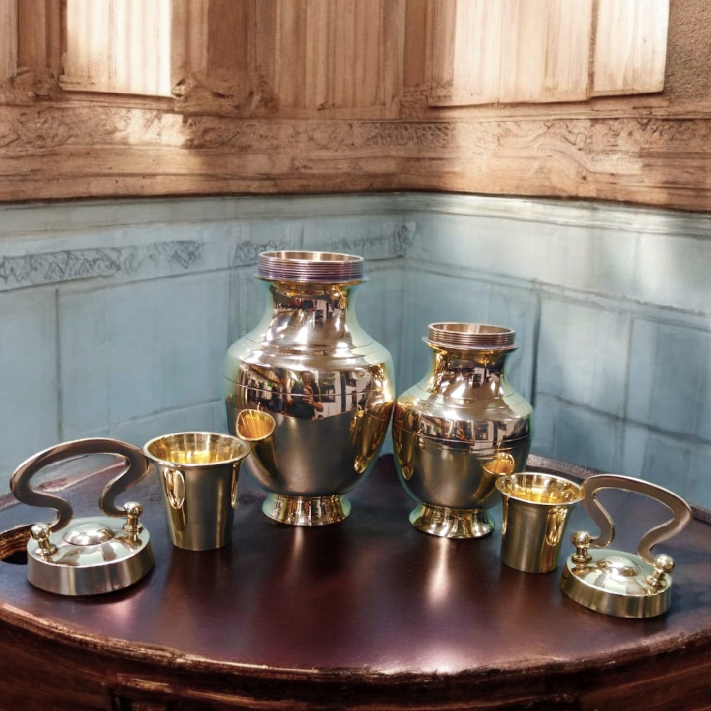 K/10 - Pure Brass Very Beautiful Oval Shape Vintage Look Gangajal Lota with Glass inside in a Glossy finish traditionally known as "KAMANDAL" | KITCHENWARE | UTENSILS | HOME APPLIANCES