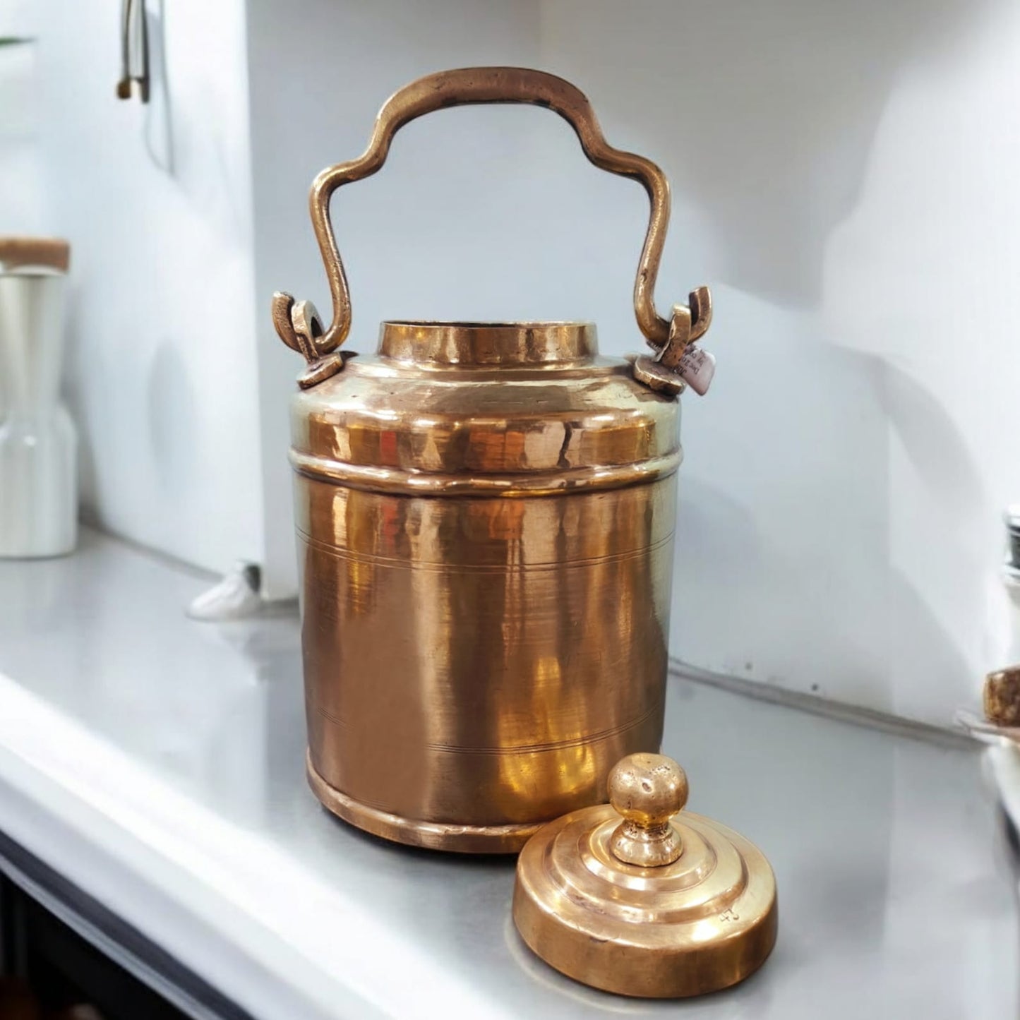 ORIGINAL ANTIQUE: AT/095 - Original Vintage Pure Brass Oil - Ghee - Milk Can with Unique Shape Handle & Lid | KITCHENWARE | UTENSILS | HOME APPLIANCES