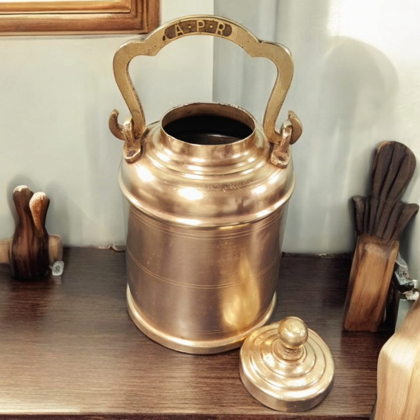 ORIGINAL ANTIQUE: AT/076 - Original Vintage Pure Brass Oil - Ghee - Milk Can with initials A-P-R on Handle | KITCHENWARE | UTENSILS | HOME APPLIANCES