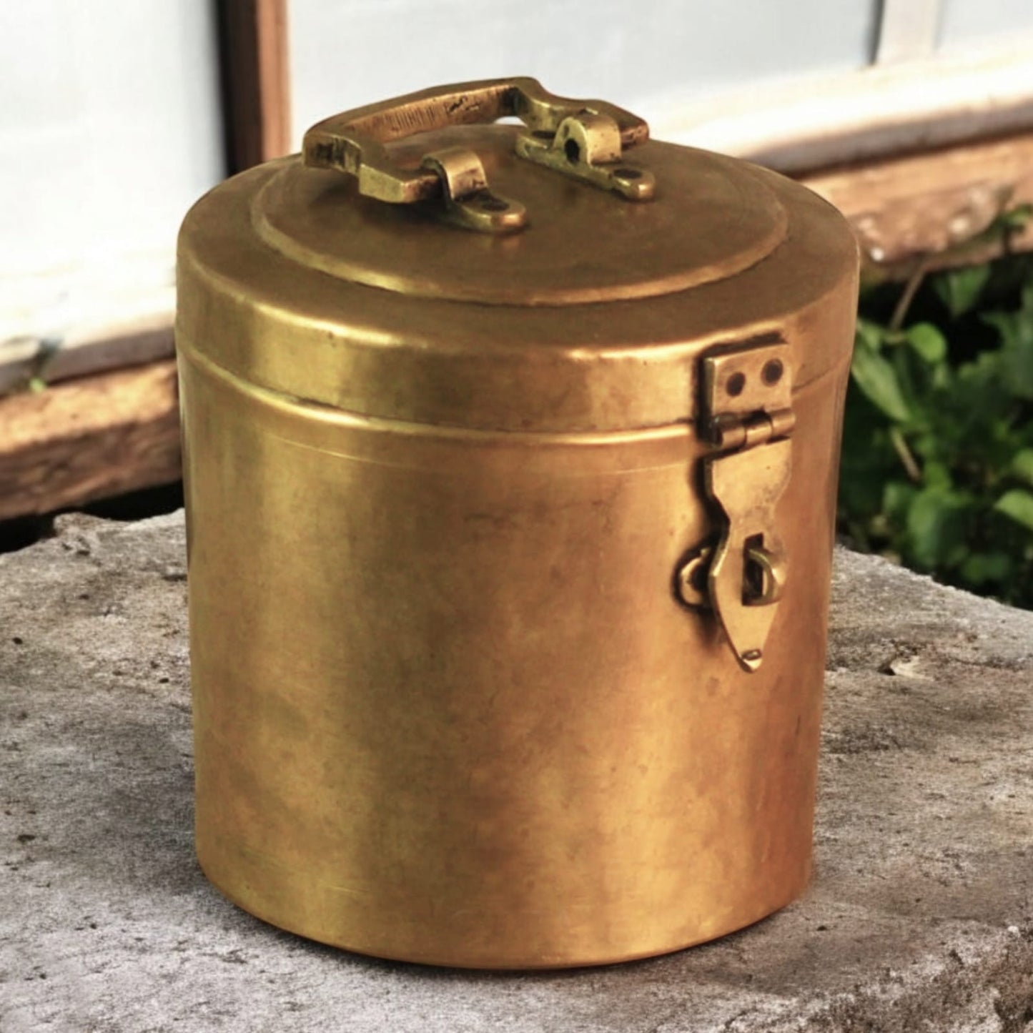 ORIGINAL ANTIQUE: AT/124 - Vintage Brass Cylindrical Lockable Box With Handle | KITCHENWARE | UTENSILS | HOME APPLIANCES