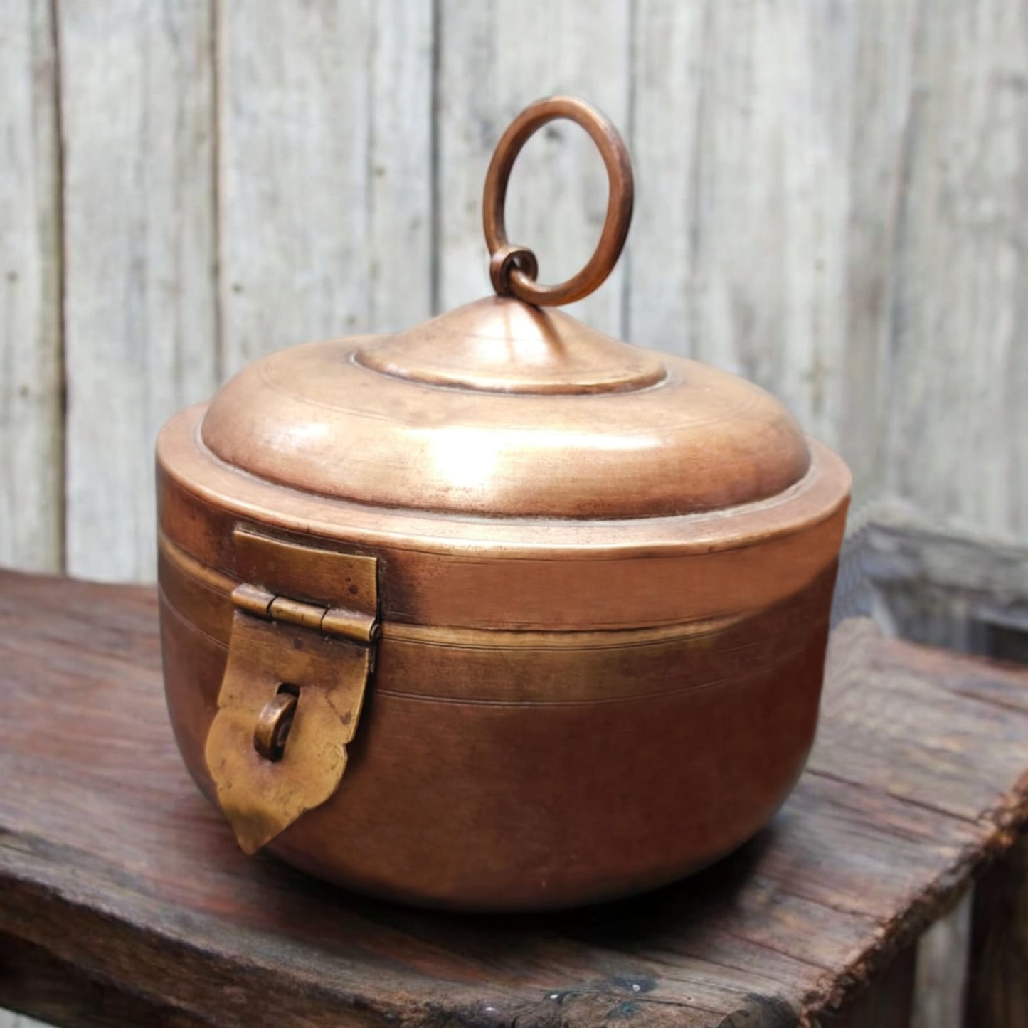 ORIGINAL ANTIQUE: AT/134 - Vintage Rare Pure Brass Very Beautiful Round Shape Box With Handle & Locking System | KITCHENWARE | UTENSILS | HOME APPLIANCES
