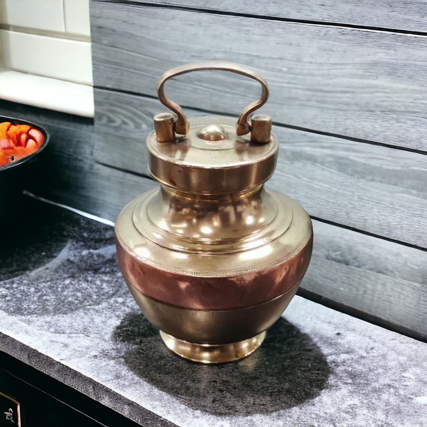 ORIGINAL ANTIQUE: AT/112 - Antique Brass Ganga Jal Lota With Copper Strip Traditionally know as "Kamandal" | KITCHENWARE | UTENSILS | HOME APPLIANCES