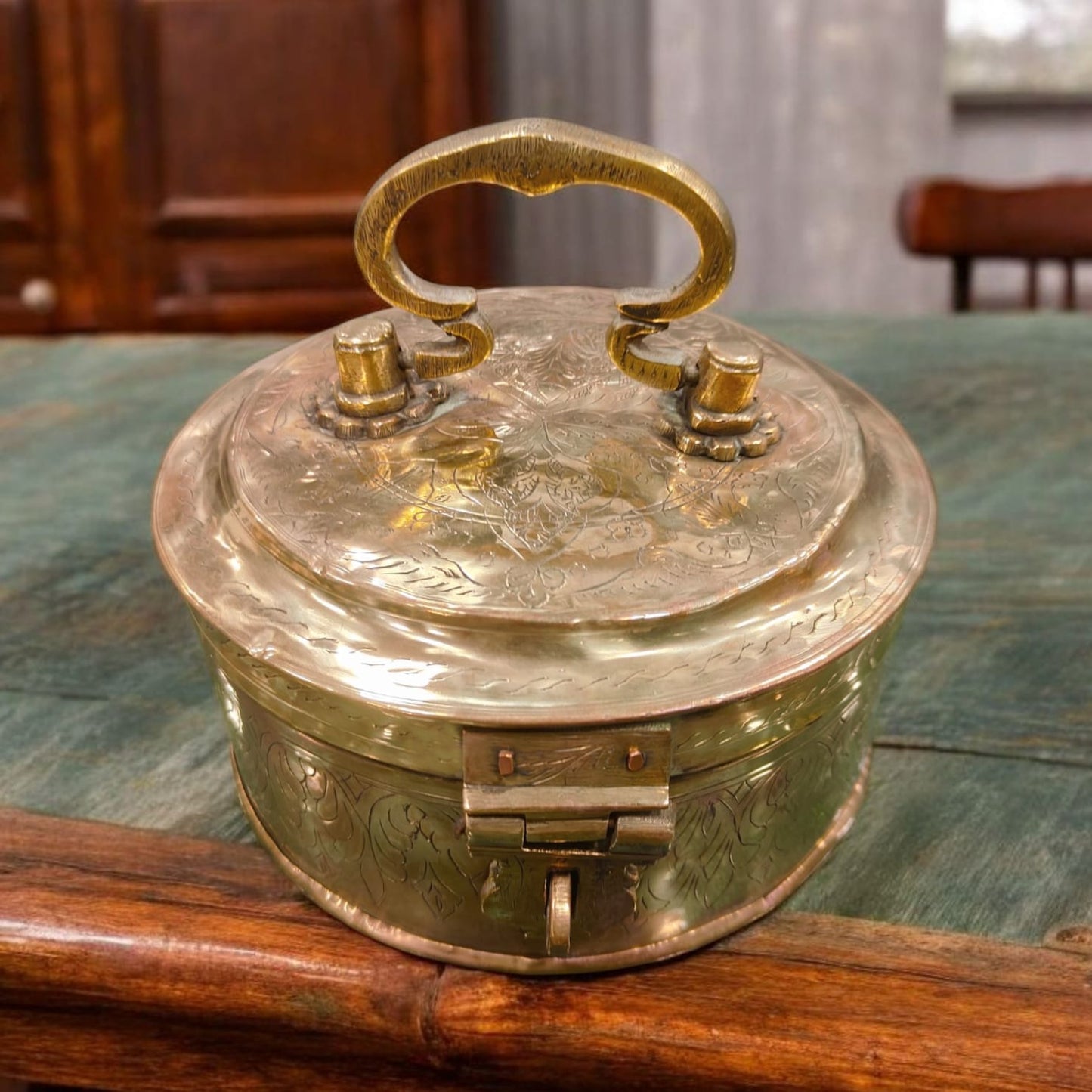 RSB/14 - 100% Pure Brass Rare Vintage Beautifully Engraved Floral Print Handmade Storage Box with Lock System | KITCHENWARE | UTENSILS | HOME APPLIANCES