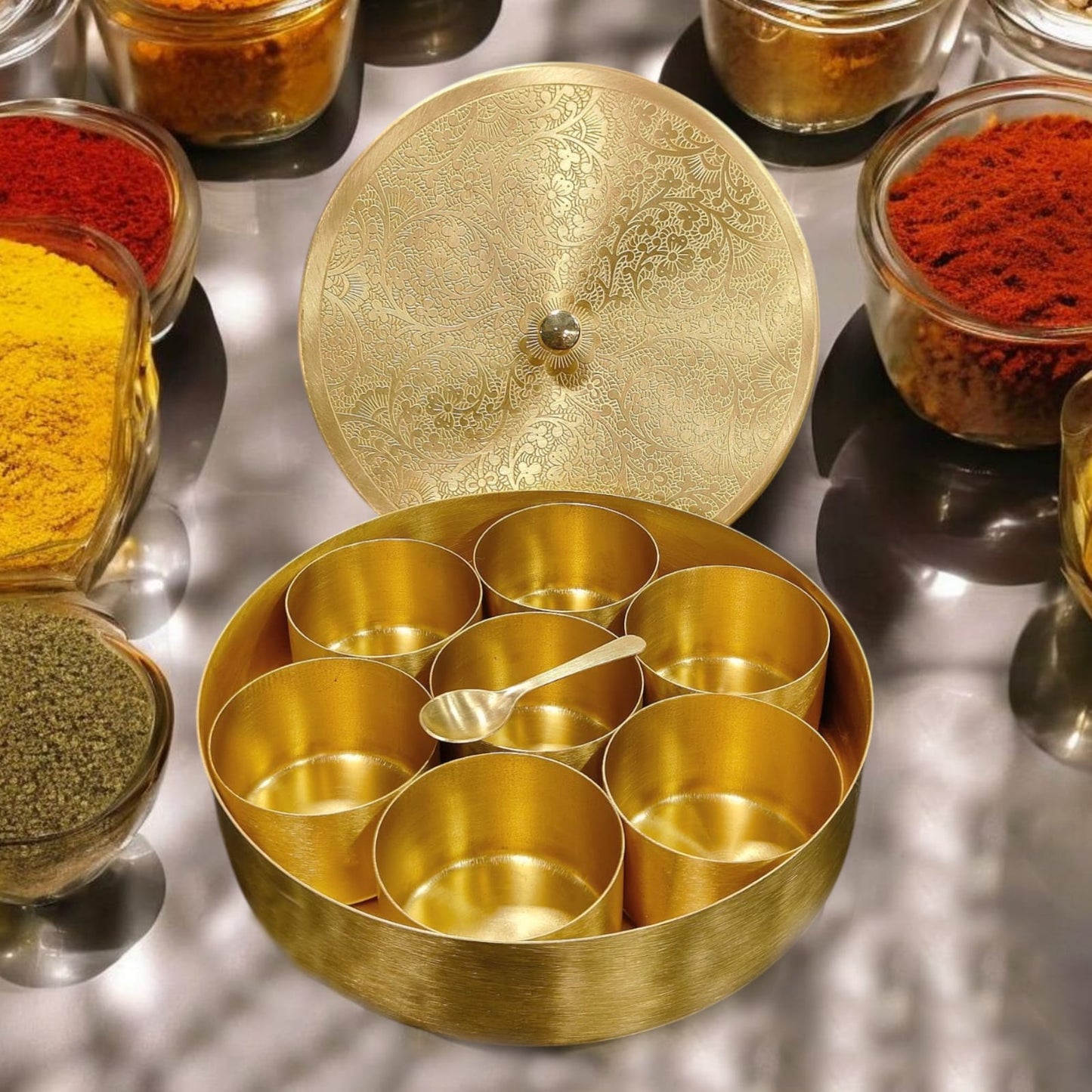 BRAND NEW: NW/009 - 100% Pure Brass Beautifully Engraved Perfect Round Shape Spice Box | Masala Dani with 1 Spoon And 7 Containers | KITCHENWARE | UTENSILS | HOME APPLIANCES