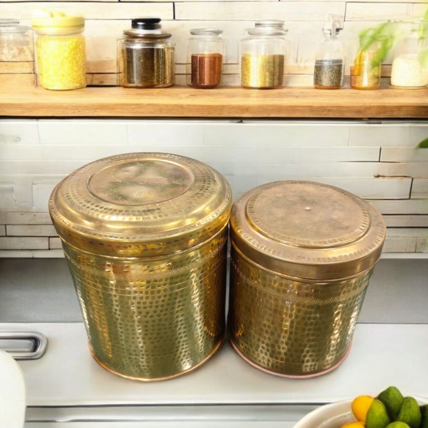 CSB/23 - Set of 2 - 100% Pure Brass Beautifully Hammered Cylindrical Storage Boxes | KITCHENWARE | UTENSILS | HOME APPLIANCES