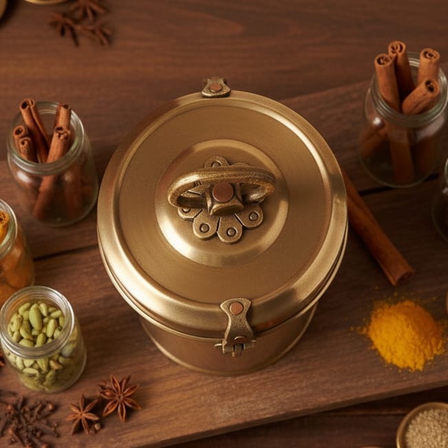 CSB/15 - Vintage Brass Cylindrical Lockable Box With Handle | KITCHENWARE | UTENSILS | HOME APPLIANCES