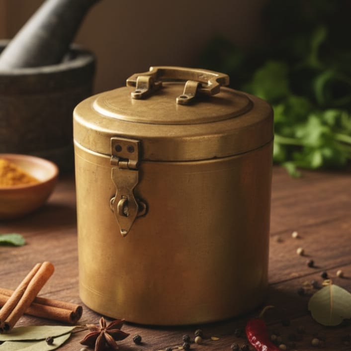 CSB/18 - Vintage Brass Cylindrical Lockable Box With Handle | KITCHENWARE | UTENSILS | HOME APPLIANCES