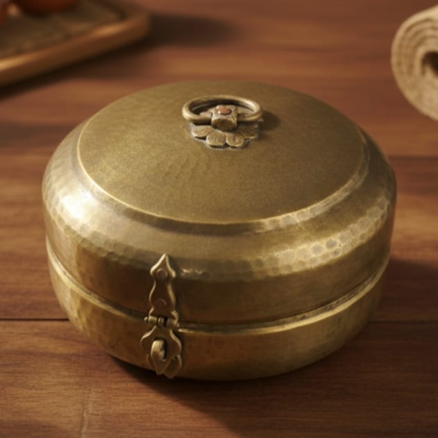 RA/223 | Rare Vintage Pure Brass Hammered Large Chapati Box – Antique Roti Storage Container, Traditional Kitchen Collectible