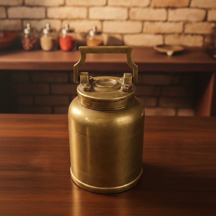 OGMC/03 - Vintage Pure Brass Milk Ghee Oil Canister with Airtight Lid and Handle – Unique Shape Antique Storage Container | KITCHENWARE | UTENSILS | HOME APPLIANCES