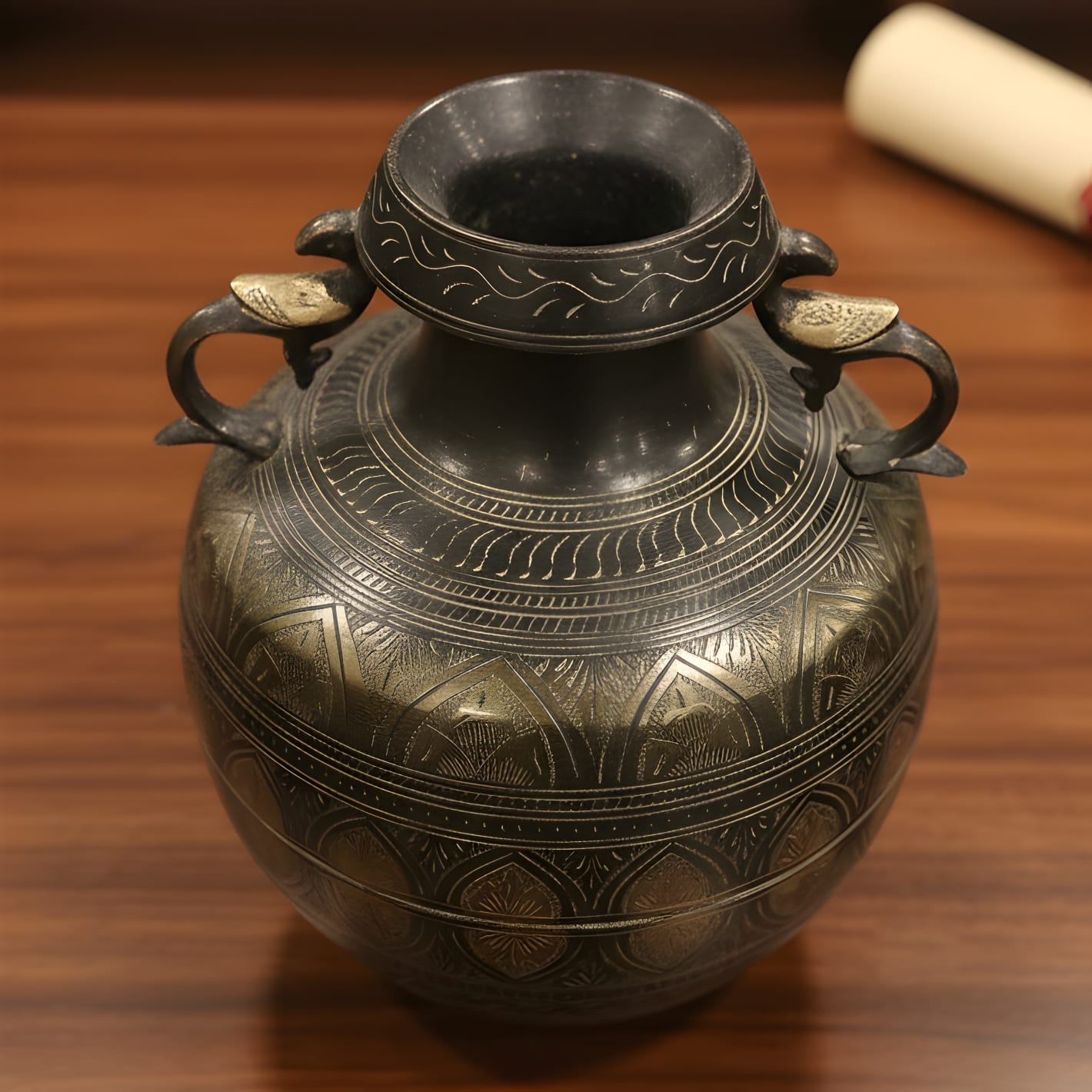 WP/26 - Very Rare Vintage Oxidised Pure Brass Large Pot Vase Planter with Peacock Handles, Hand-Carved Floral Vine Motifs | KITCHENWARE | UTENSILS | HOME APPLIANCES