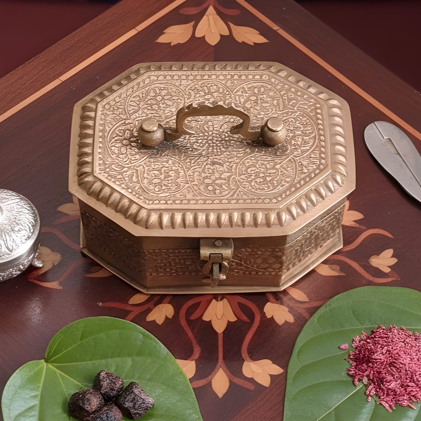 BN/06 - Very Rare 100% Pure Copper Hexagon Paan Daan Set – Hand Engraved Vintage Betel Nut Supari Box | KITCHENWARE | UTENSILS | HOME APPLIANCES