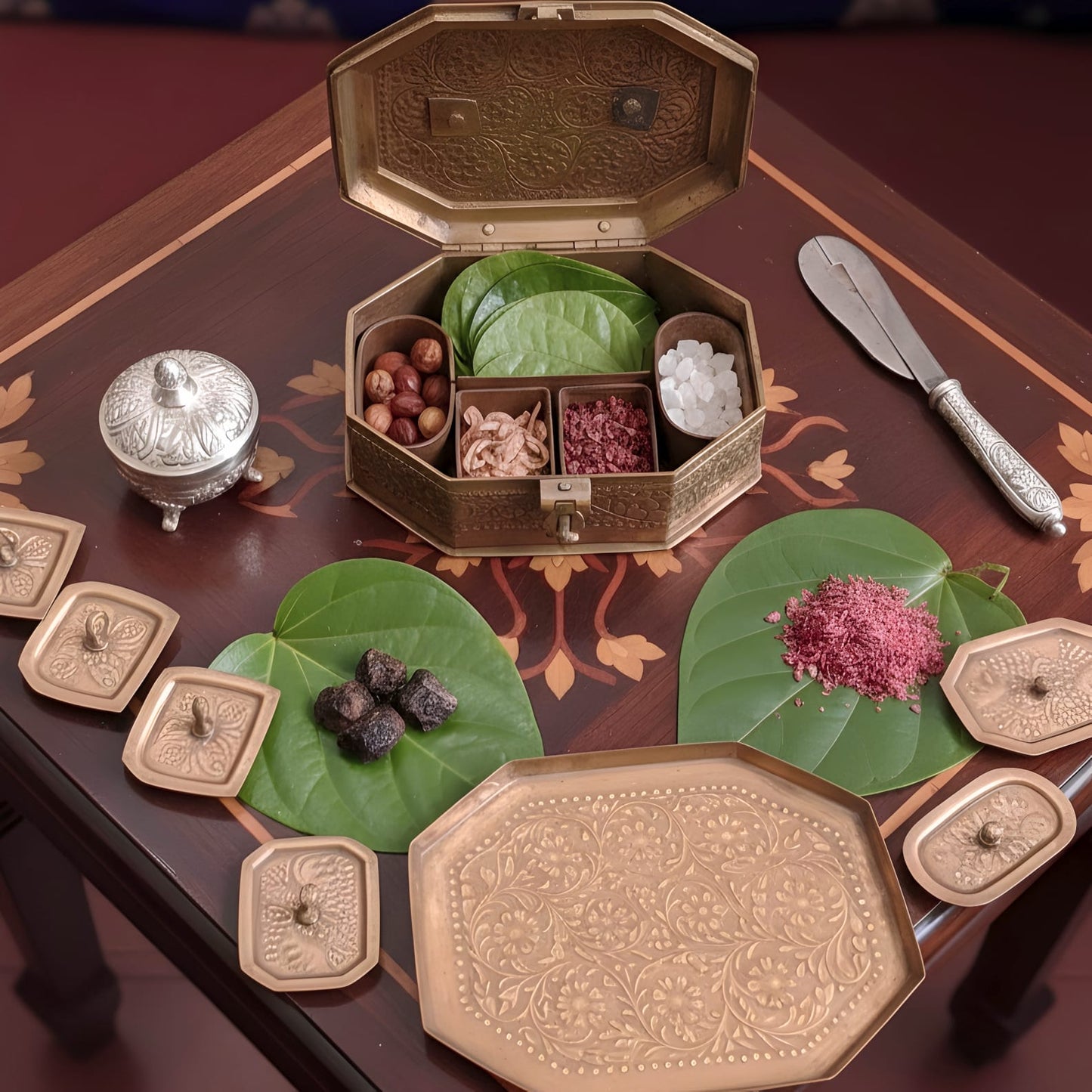 PM/26 - Very Rare 100% Pure Copper Hexagon Paan Daan Set – Hand Engraved Vintage Betel Nut Supari Box | KITCHENWARE | UTENSILS | HOME APPLIANCES