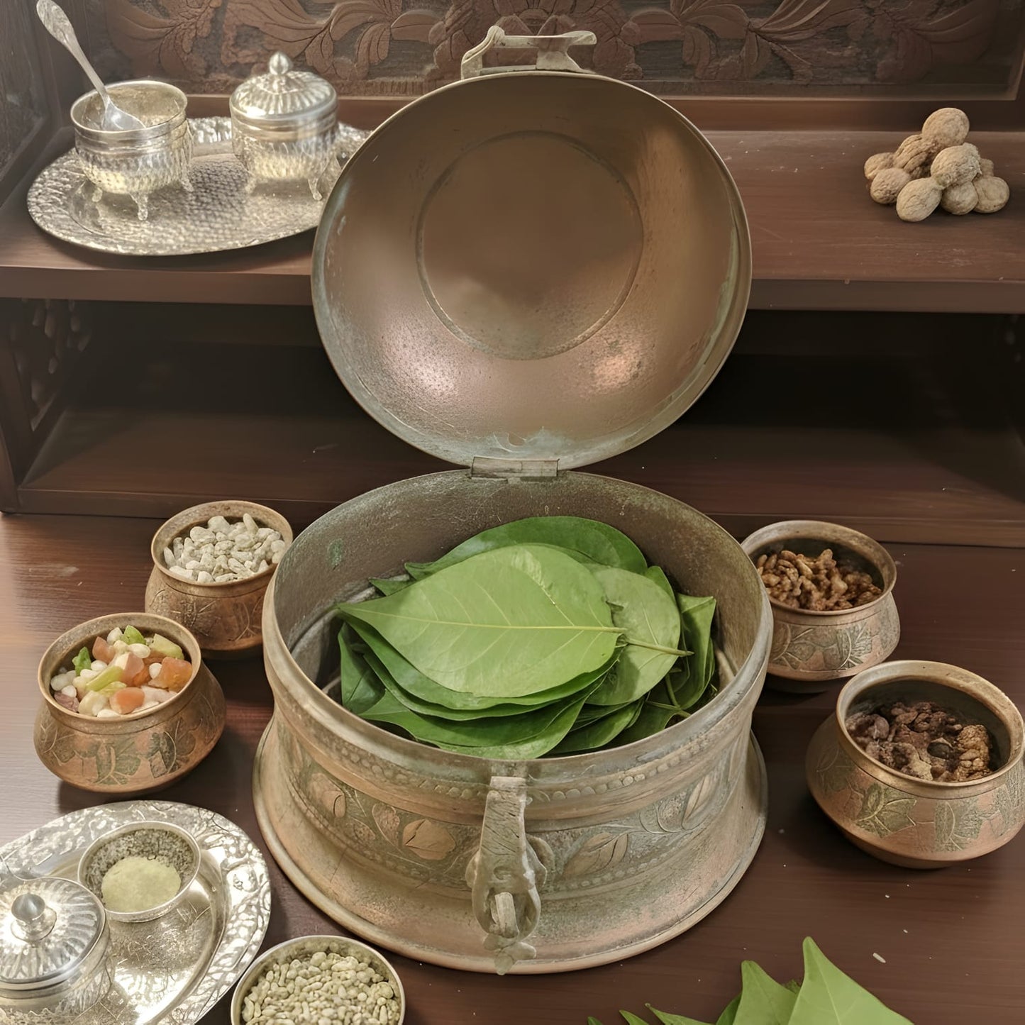 PM/25 - Very Rare Antique Pure Copper Large Round Paan Daan Set – Heavy Weight Hand Engraved Vintage Betel Nut Box | KITCHENWARE | UTENSILS | HOME APPLIANCES