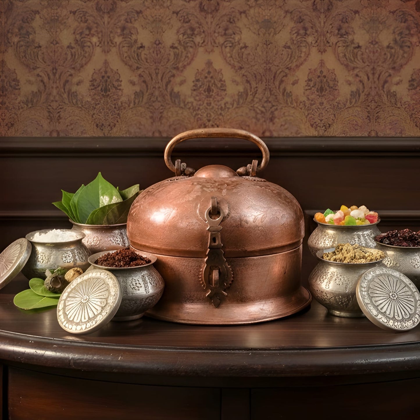 BN/09 - Very Rare Antique Pure Copper Large Round Paan Daan Set – Heavy Weight Hand Engraved Vintage Betel Nut Box | KITCHENWARE | UTENSILS | HOME APPLIANCES
