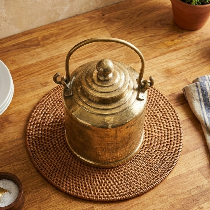 RA/302 | Rare Vintage 100% Pure Brass Barni Canister – Milk/Ghee/Oil Storage Container Antique Kitchenware