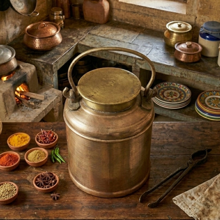 RA/306 | Rare Vintage 100% Pure Brass Airtight Barni Canister – Large Milk/Ghee/Oil Storage Container Antique Kitchenware