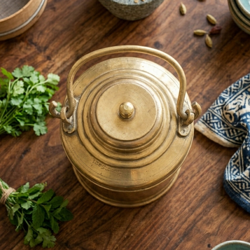 RA/299 | Rare Vintage 100% Pure Brass Barni Canister – Milk/Ghee/Oil Storage Container Antique Kitchenware