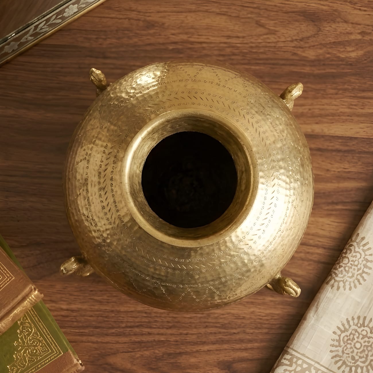 RA/337 | Vintage Rare Pure Brass Very Beautifully Engraved Round Shape Big Size Pot | Vase | Planter on Parrot Legs with Handles