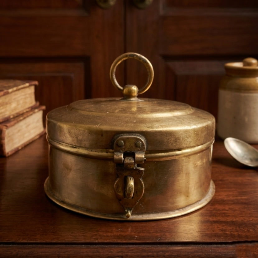 RA/353 | Vintage Rare Pure Brass Original Antique Round Shape Box With Handle & Locking System