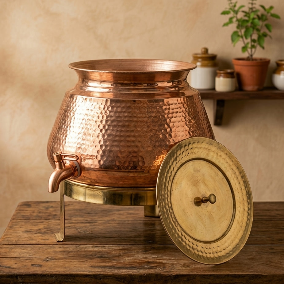 BN/045 | 100% Pure Copper Beautifully Hammered Water Dispenser with Brass Lid & Stand (Capacity - 10 Litres)