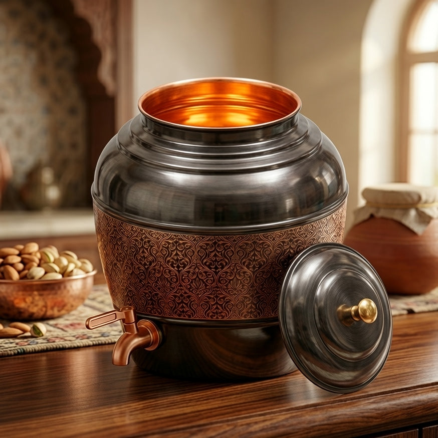 BN/050 | 100% Pure Copper Beautifully Engraved Black Oxidised Water Dispenser (Capacity - 10 Litres Plus)