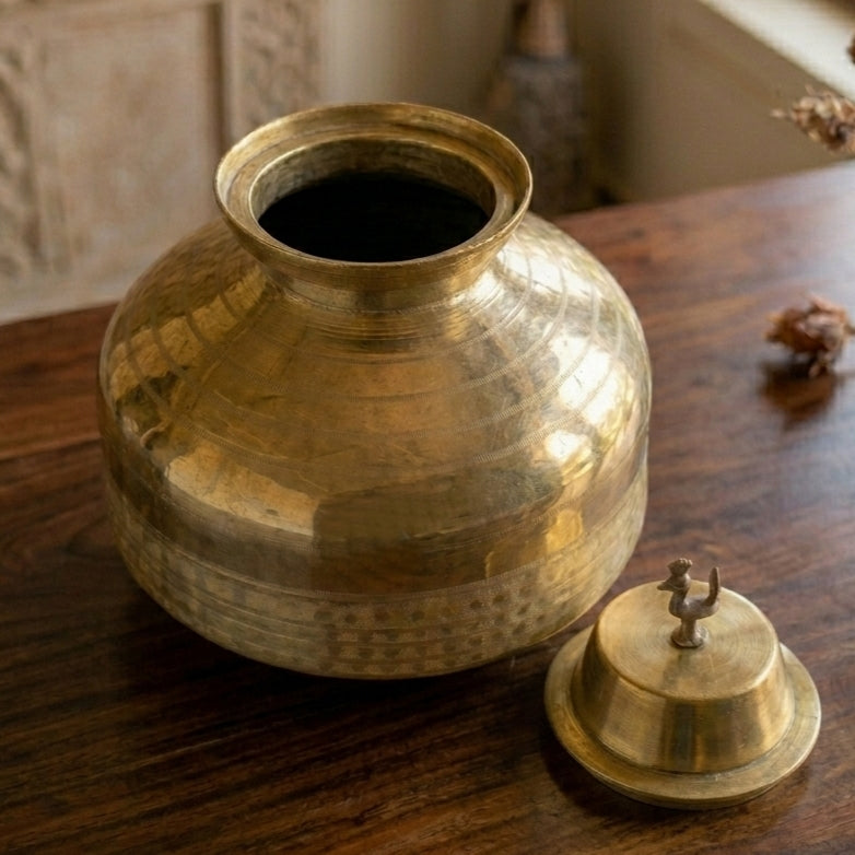 RA/376 | Rare Vintage Pure Brass Beautiful Unique Shape Big Size Pot with Peacock Lid