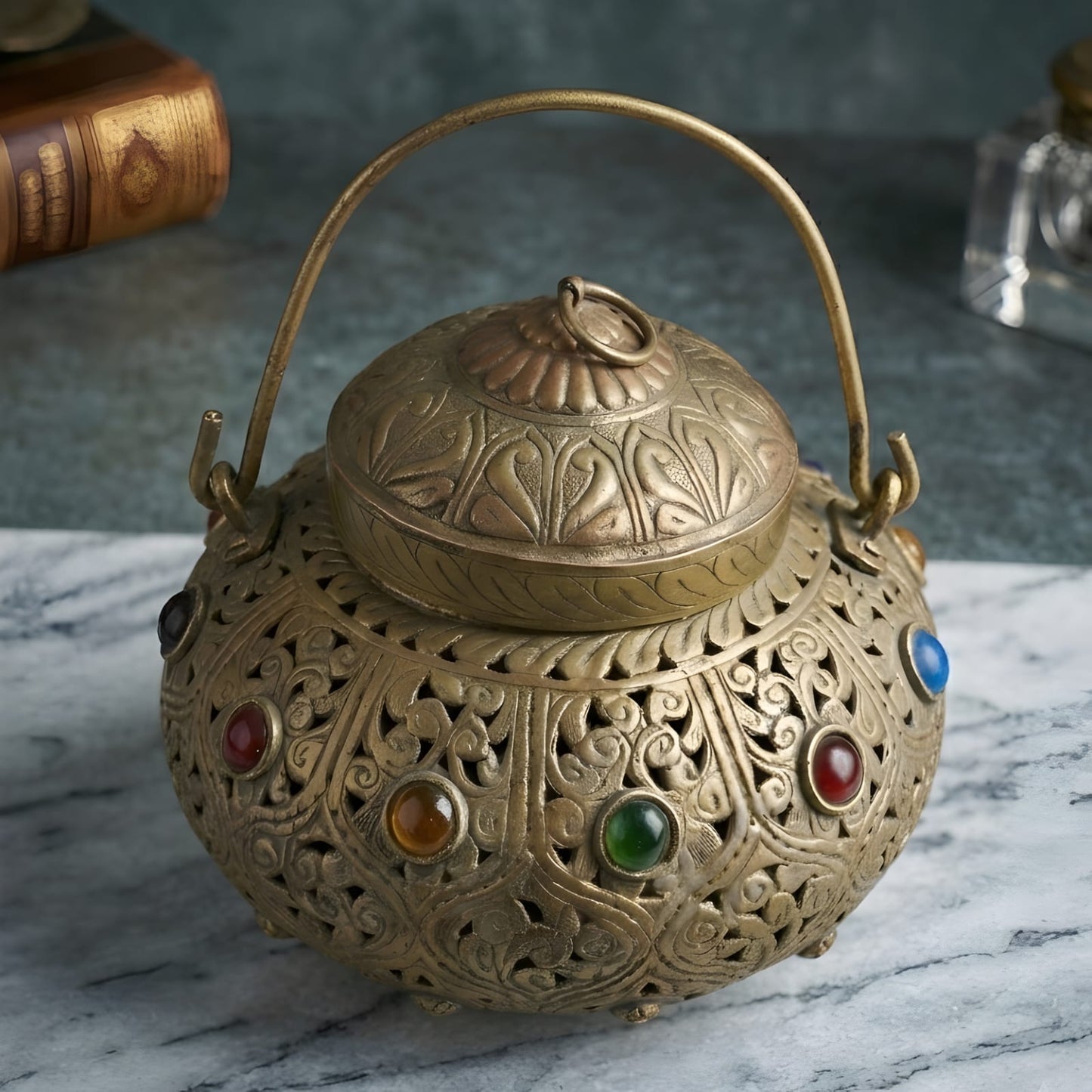 RA/374 | Very Rare Beautifully Engraved & Pierced with Colorful Stones Oval Shape Pure Brass Storage Box | Jewellery Keeper with Handle