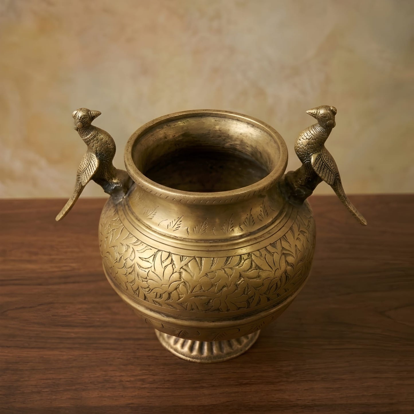 RA/375 | Rare Vintage Pure Brass Beautifully Engraved Pot Vase Planter with Hand-Carved Floral Vine Motifs, Peacock Handles