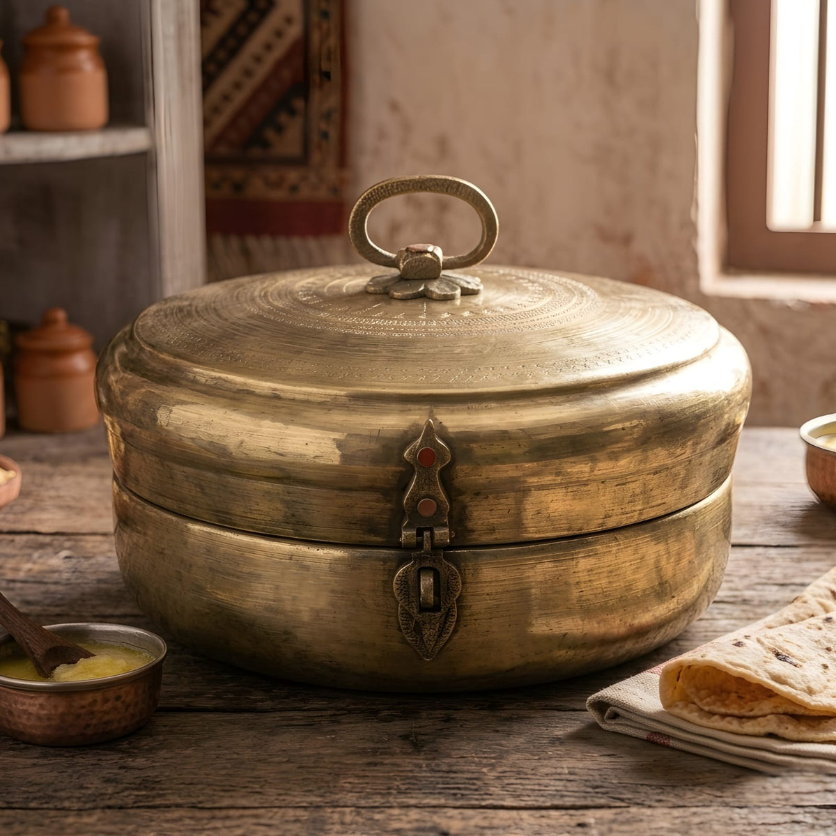 Vintage Rare Very Beautifully Engraved Pure Brass/Pital Roti Dabba | Chapati Box (Antiques)