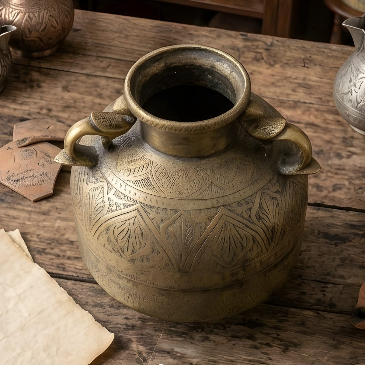 Very Rare Vintage Pure Brass/Pital Unique Shape Pot Vase Planter with Hand Carved Floral Engraving, Peacock Handles & Three Legged Stand | Antique Collectible