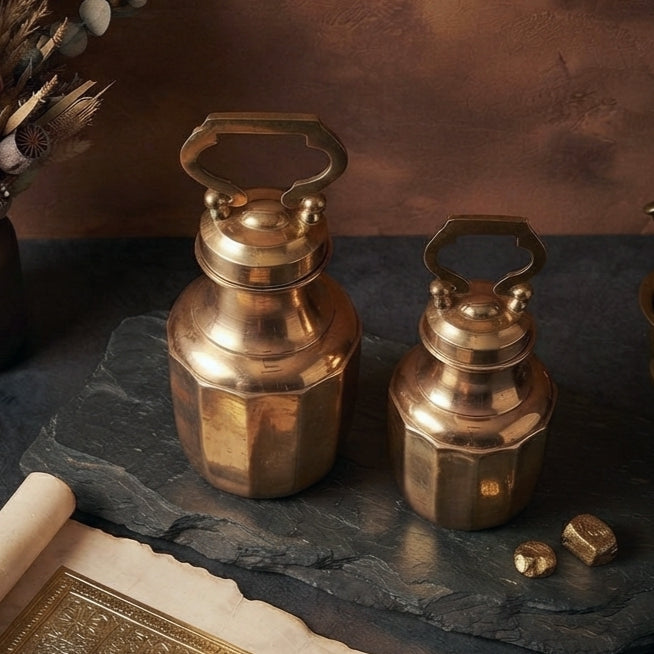 Rare Pure Brass/Pital Very Beautiful Cylindrical Shape Vintage Look Gangajal Lota with Glass inside in a Glossy finish traditionally known as "KAMANDAL" (Brand New) – Style 1