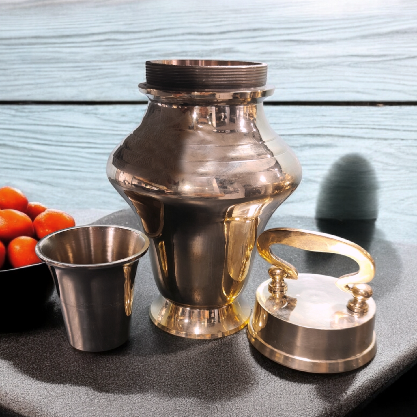 BRAND NEW: NW/028 - Rare Pure Brass Very Beautiful Triangle Shape Vintage Look Gangajal Lota with Glass inside in a Glossy finish traditionally known as "KAMANDAL" | KITCHENWARE | UTENSILS | HOME APPLIANCES
