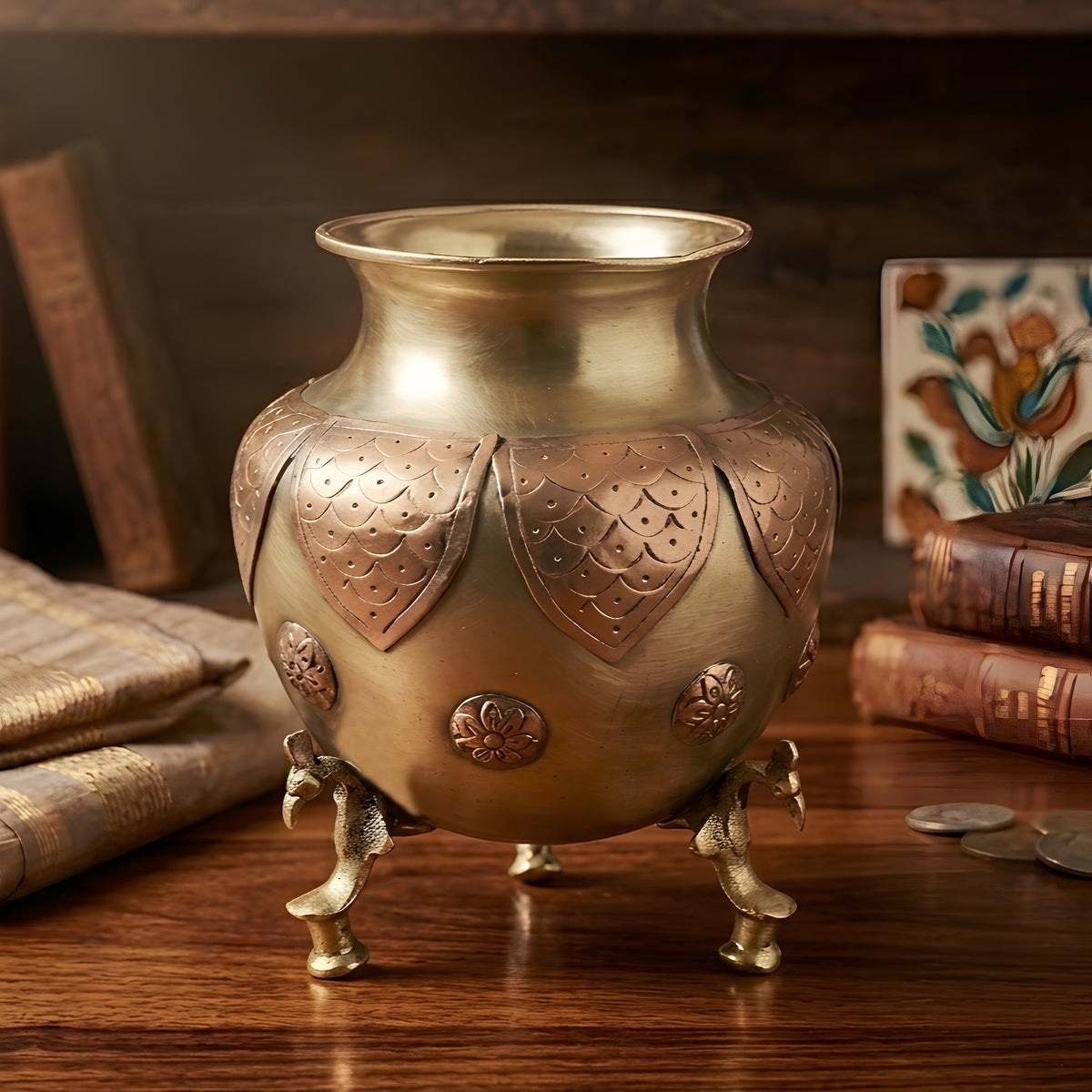 Rare Antique Pure Brass/Pital Multipurpose Pot/Vase/Planter/Stationary-Pen Holder with Peacock Legs – Handcrafted Copper Engraving Decor (Antiques)