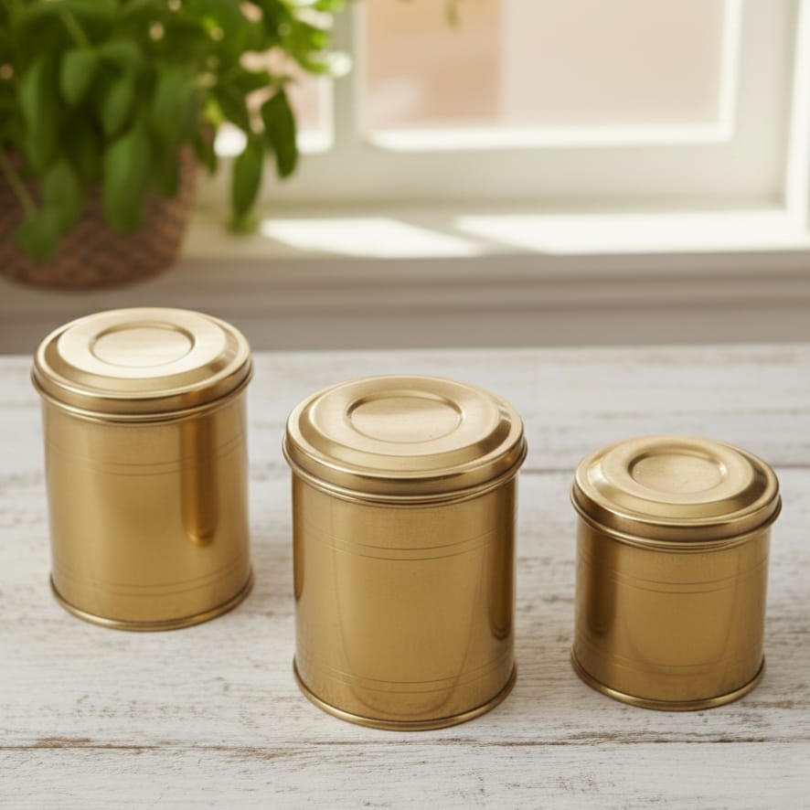 CSB/05 - SET OF 3 Vintage Brass Cylindrical Lockable Box With Handle | KITCHENWARE | UTENSILS | HOME APPLIANCES