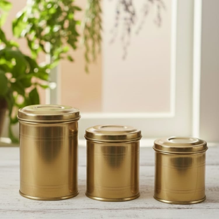 CSB/05 - SET OF 3 Vintage Brass Cylindrical Lockable Box With Handle | KITCHENWARE | UTENSILS | HOME APPLIANCES