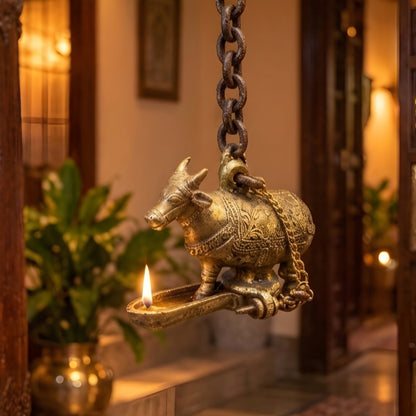 Antique Brass/Pital Cow-Shaped Hanging Diya with Original Chain & Hook – Heritage Indian Oil Lamp