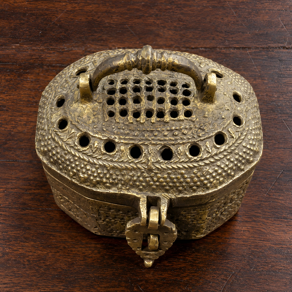 Antique Brass/Pital Perforated Storage Box with Domed Lid, Ornate Handle & Latch