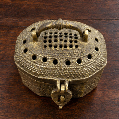 Antique Brass/Pital Perforated Storage Box with Domed Lid, Ornate Handle & Latch